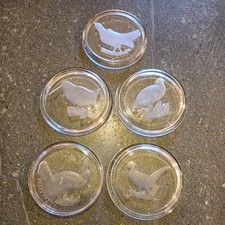 Val St Lambert 5 crystal Intaglio lipped coasters English game birds signed