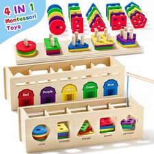 Montessori 4 in 1 Wooden Sorting Shape Sorter and Stacking Toy Box Color Matchin