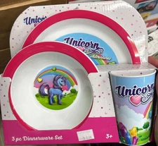 UPD Unicorn Rainbow Dinner Set for Kids – Pink Plate, Cup & Bowl (3-Piece,