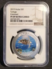 Aruba 5 florin 2019, NGC PF69 Ultra Cameo, "Turtuga" Colorized 