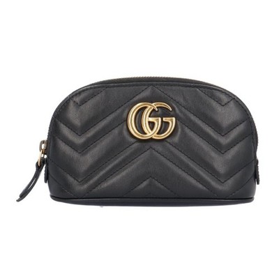 Gucci GG Marmont Schwarz Leder Kosmetik Etui Tasche Gold Reißverschluss Authe...