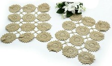 COPPIA CENTRINI ANTICHI CENTRI UNCINETTO A MANO RETTANGOLARE ECRU PIZZO VINTAGE