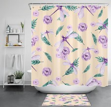 Spring Dragonfly Purple Floral Beige Shower Curtain Bathroom Accessories Set