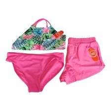 Wonder Nation Bikini w/Cover Up Shorts 18 Girls Floral Solid Pink UPF 50