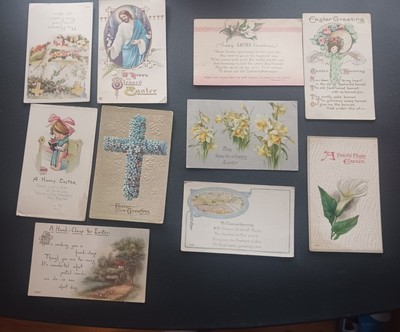 Lot of 10 old Easter Greetings postcards  - flowers cross scenic children