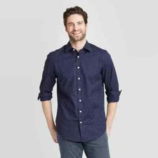 Men's Polka Dot Standard Fit Dress Long Sleeve Button Down Shirt Navy M new