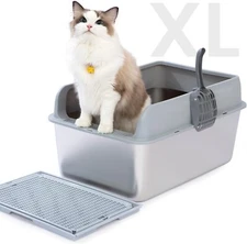 Stainless Steel Cat Litter Box Top Entry for Big Cat w/ Foot Pedal & Scoop