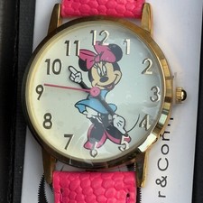 DISNEY Minnie Mouse Watch Pink Leather Band Gold Tone w/ Case New Needs Battery
