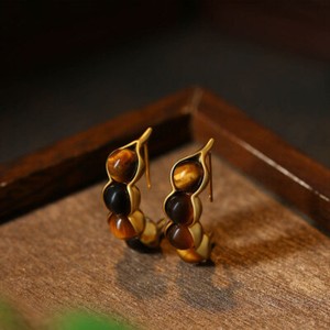 Authentic Tiger Eye Pod Earrings 18K Gold Plated Ear Stud Real Jewelry Luxury