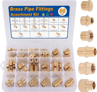 66PCS Brass Pipe Fittings Assortment Kit NPT Adapter Fitting, Reducer Bushing, H