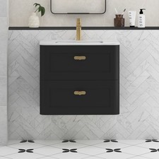 600/800 Matt Nocturne Black Vanity Unit 2 Drawer Wall Hung Carrara White Basin