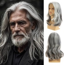 Long Curly Wavy Grey White Wigs for Men Synthetic Natural Party Halloween Cospl