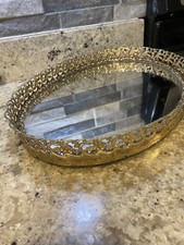 Vintage 15 Regency Metal Mirror Gold Colored Vanity Tray