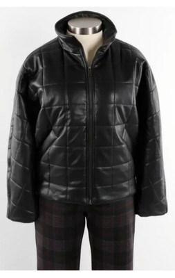 RD Style - Black Faux Leather Quilted Puffer Jacket (Size S)