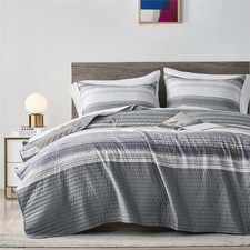 KAKIJUMN Full/Queen Quilt Bedding Set, White and Grey Patchwork Striped Quilt...