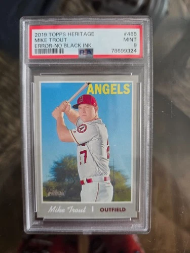 2019 Topps Heritage Mike Trout Error-No Black Ink psa 9