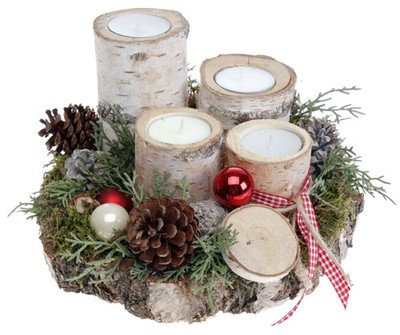 Adventsgesteck Birkenscheibe mit 4 Teelichtern, rot CreaFlor Home