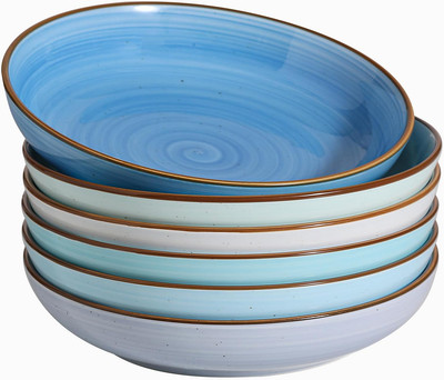 8.5'' Pasta Bowls Set of 6, 30 Oz Ceramic Shallow Salad Bowls, Large Serving Sou