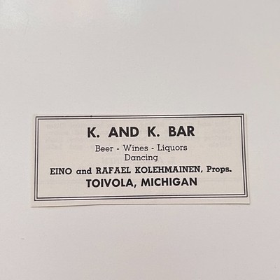K. and K. Bar Eino & Rafael Kolehmainen Toivola 1958 MI Ad TAK3-S5