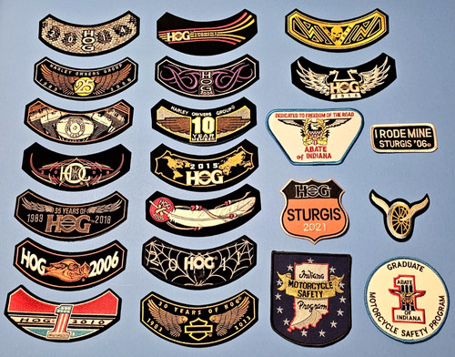 22 - HOG - HARLEY OWNERS GROUP PATCHES PLUS 10, 25, 30 & 35 YEAR, STURGIS,SAFETY