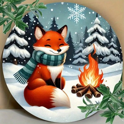 Fox Winter Bonfire Christmas Tree Round Tin Metal Signs Home Décor 8x8 