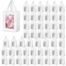 50 PCS Paper Gift Bag Transparent Window 7.9 x 5.9 x 3.9 Inch White Handle