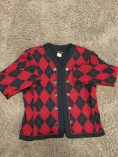 Vintage Stuart Alan Sz 12 Knit Sweater Argyle Knit USA Made Double Breasted Red