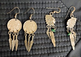 2 Pair Of Earrings Buffalo Nickles And Chiefs With Handgun Sterling