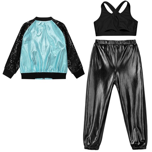 Kids Girls 3Pcs Set Metallic Dancewear Party Wear Dance Outfits Performance - Picture 12 of 63