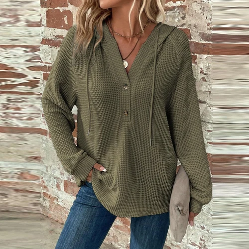 Women's hooded waffle knit button V-neck long sleeved sweater sweatshirt top- - Bild 14 von 43