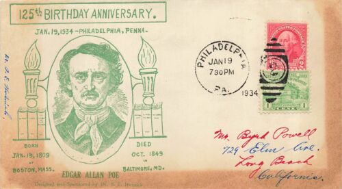 EDGAR ALLAN POE 125th ANNIVERSARY 1934 - Hutnick cachet - green - Afbeelding 1 van 3