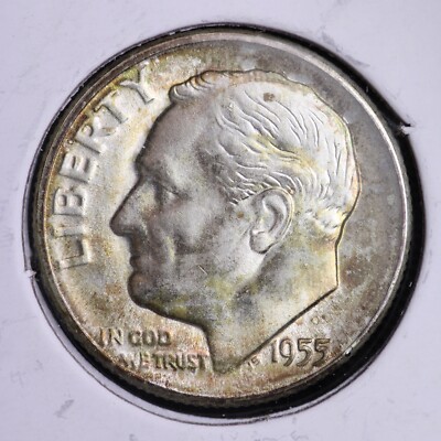 1955-S Silver Roosevelt Ten Cent Dime BU TONED SHARP COIN B017