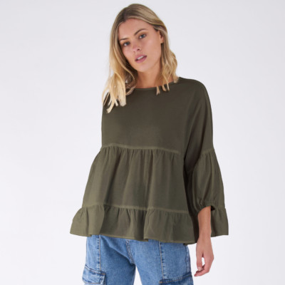 SASS ALICE TOP - KHAKI  3/4 SLEEVE COTTON TIERED TOP SIZE 8-20