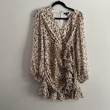 Express Wmn XS Brown/Ivory/Gold Cheetah Print V-Neck Sheer Sleeve Ruffle Dress