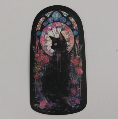 #ad Black Cat Sitting In Stained Glass Window Sticker 2 7 8quot; x 1.5quot; J $1.69