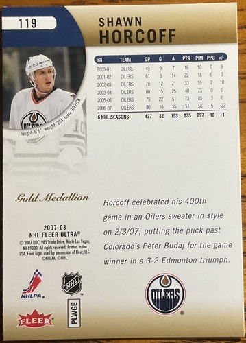 2007-08 Fleer Ultra Gold Medallion Shawn Horcoff #119 Edmonton Oilers - Picture 2 of 2