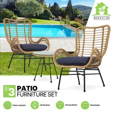 2 PE Rattan Chairs+Tempered Glass Table  Bistro Set Patio Wicker Furniture,3 Pcs