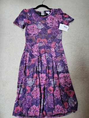 purple lularoe amelia dress Lularoe Women Amelia Pleated Dress Purple Floral Dip Cherry Blossoms Small 6/8
