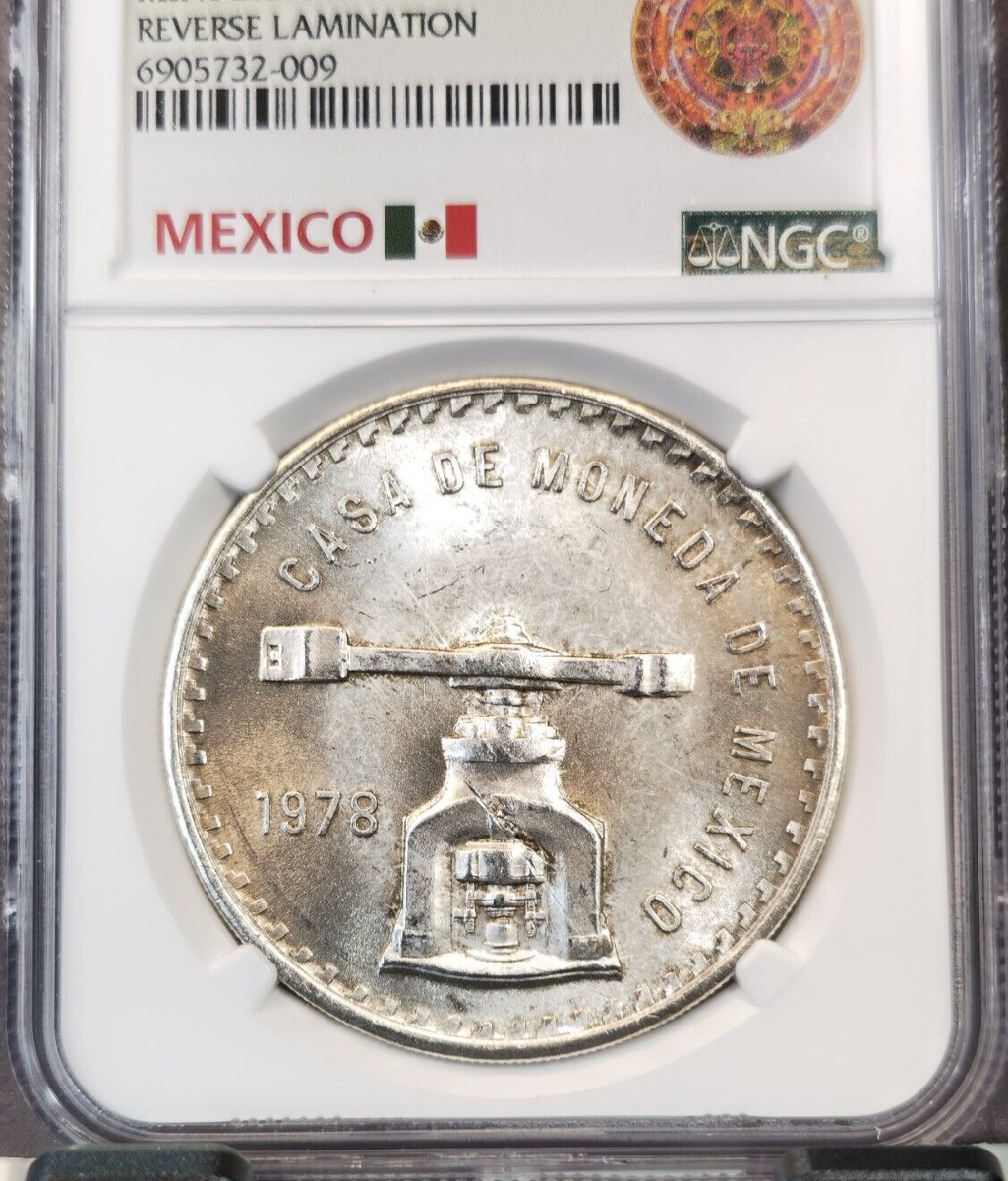 1978 MEXICO SILVER 1 ONZA NGC MS 66 MINT ERROR REVERSE LAMINATION