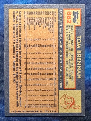 Tom Brennan 1984 Topps Baseball #662 Cleveland Indians | eBay