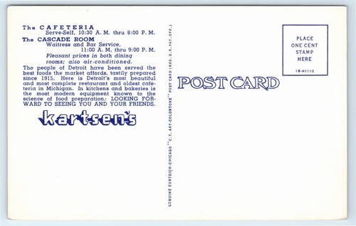Tarjeta postal Kartsen's Cafetería and Cascade Room en Detroit Michigan década de 1930 - Imagen 2 de 2