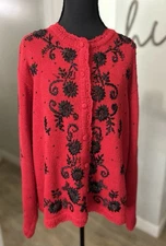 Vintage Segue Red Pullover Sweater With Floral Accent Christmas Style Size Large