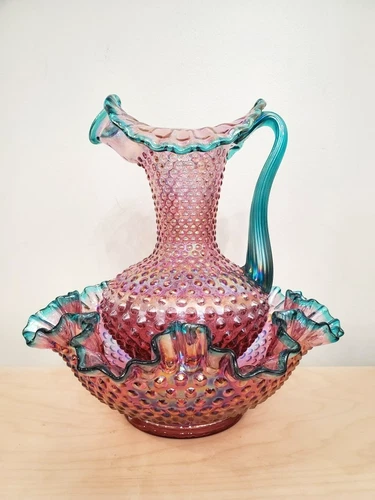 Fenton Dusty Rose Carnival Hobnail Pitcher and Bowl - QVC 1989 RARE