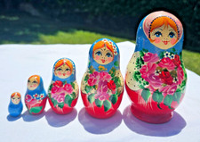 Russian Wooden Red Blue Matryoshka Nesting Dolls Set of 5 with Floral Design