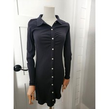 American Eagle Ruched Button Up Mini Dress Ribbed Knit Long Sleeve Gray Small