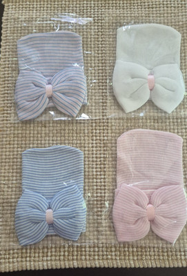 NEW Set of 4 Newborn Girl Stretch Hats/Caps - Striped and Solid White with Bow