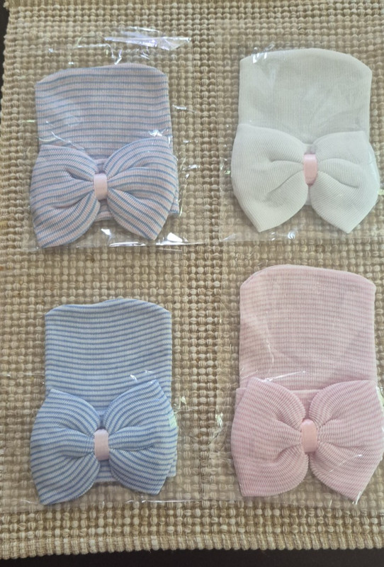 NEW Set of 4 Newborn Girl Stretch Hats/Caps - Striped and Solid White with Bow