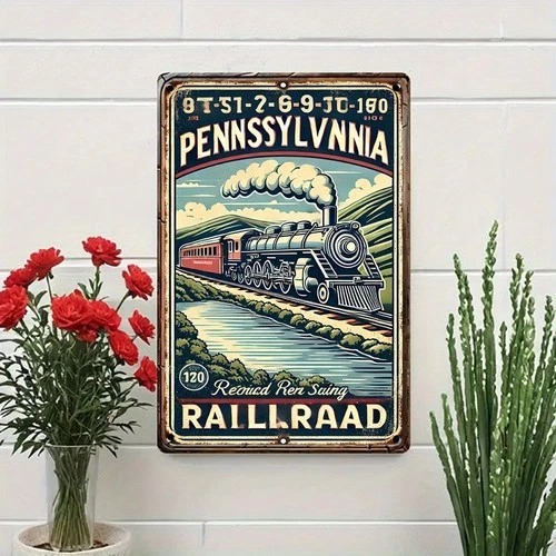 Vintage Pennsylvania Railroad Tin Metal Signs- Retro Train & Scenic Landscap