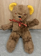 Vtg Stuffed Plush Rushton Brown Teddy Bear Red Ribbon Orange Eyes