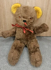 Vtg Stuffed Plush Rushton Brown Teddy Bear Red Ribbon Orange Eyes